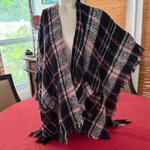 Plaid Fringe Shawl in Black, White, and Red